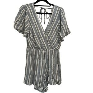 Altar'd‎ State Romper Large Blue White Striped Rayon Surplice V-Neck Tie Back L